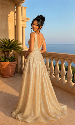 Wearing the Long Prom Dress: Chicas C2425—a gold, sparkly gown with a flowing A-line skirt—a woman stands on a stone balcony overlooking the sea, her back to the camera.
