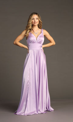 Woman stands with hands on hips, wearing the Chicas C242 Empire-Waist Long A-Line Prom Dress—a sleeveless lavender satin gown with V-neckline—posing against a plain gray background.