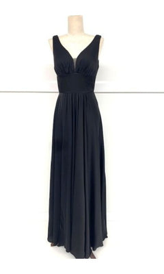 Empire-Waist Long A-Line Prom Dress: Chicas C242—sleeveless, black, floor-length gown with a fitted bodice and flowing skirt, shown on a dress form against a white background.