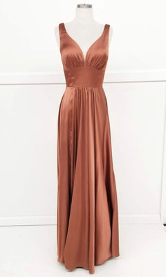 The Empire-Waist Long A-Line Prom Dress: Chicas C242 is a sleeveless, floor-length satin gown in copper-brown, shown on a dress form with a plain white background.