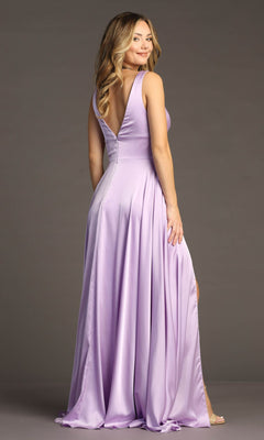 Woman wearing the Empire-Waist Long A-Line Prom Dress: Chicas C242, a sleeveless lilac gown with a deep V-back, stands and looks over her shoulder against a plain background.