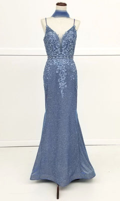 The Low-Back Long Mermaid Prom Dress: Chicas C243 is a sleeveless, floor-length blue gown with spaghetti straps, floral lace embroidery on the bodice, a beaded waistband, and a matching choker displayed on a dress form.