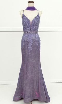 Displayed on a dress form is the Chicas C243 Low-Back Long Mermaid Prom Dress—a formal, sleeveless floor-length purple gown with a deep V neckline, beaded belt, lace detailing, and matching choker for an elegant look.