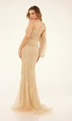 A woman poses in the Cecilia Couture C273A, a floor-length gold prom dress with one-shoulder design and sparkling sequin embellishments, standing and looking over her shoulder against a plain background.