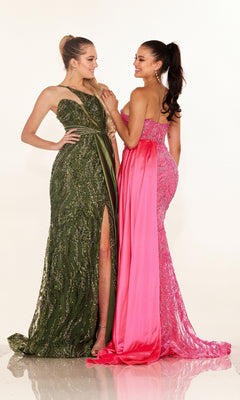 Two women stand together, smiling warmly. One wears the Long Prom Dress: Cecilia Couture C275 in green with a high slit, while the other dons a pink gown with lace accents.