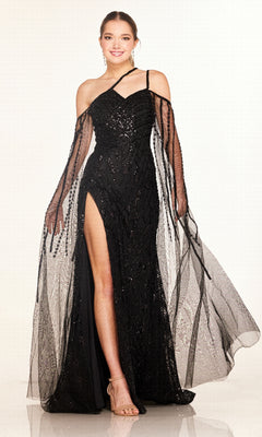 Woman wearing the Cecilia Couture C280 long formal dress with black sparkly fabric, sheer beaded sleeves, and a high leg slit stands and smiles at the camera.