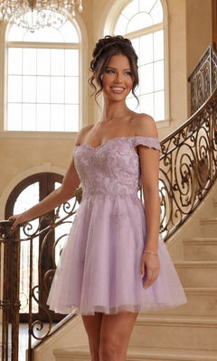 A woman in a lilac Beaded-Corset Short Babydoll Hoco Dress C314 poses on a grand staircase with arched windows and ornate railings in a bright interior.