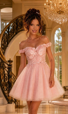 A woman in the Beaded-Bodice Short A-Line Homecoming Dress C315 poses before an ornate staircase and chandelier in an elegant interior.