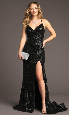 A woman in the Chicas C316 Lace-Up Long Sequin Prom Dress with a thigh-high slit, silver clutch, necklace, and strappy heels poses elegantly against a plain background.