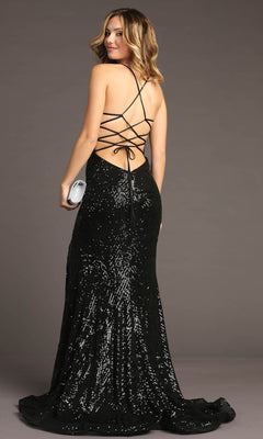 A woman in the Chicas C316 Lace-Up Long Sequin Prom Dress, featuring a black floor-length design and open back, holds a silver clutch against a plain background.