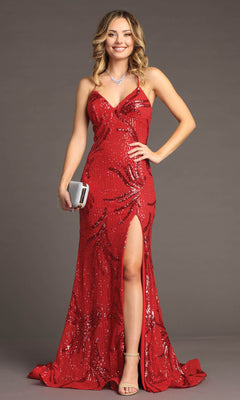 A woman in the Lace-Up Long Sequin Prom Dress: Chicas C316 with a thigh-high slit, silver heels, a necklace, and a silver clutch stands against a plain background.