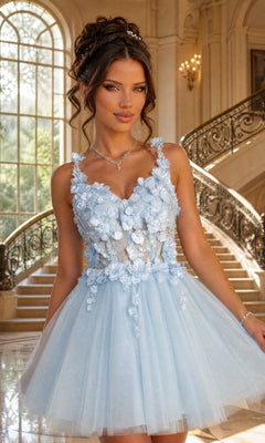 A woman wears the Floral-Bodice Short Babydoll Homecoming Dress C321 in baby blue, standing indoors before an ornate staircase and large window, looking at the camera.