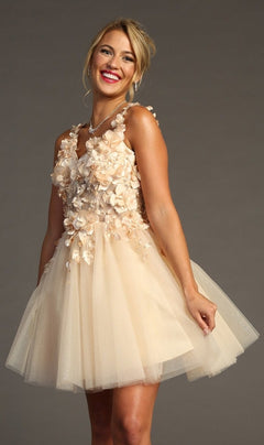 A woman wearing the Floral-Bodice Short Babydoll Homecoming Dress C321—sleeveless, knee-length, beige tulle with floral appliqué—smiles while posing against a plain gray background.
