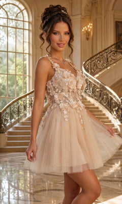 A woman poses indoors on a marble floor and curved staircase, wearing the Floral-Bodice Short Babydoll Homecoming Dress C321 in champagne gold.