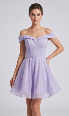A woman poses against a plain background wearing the Short Homecoming Dress: Chicas C323 in lavender, featuring an off-the-shoulder neckline and a flattering fit-and-flare silhouette.