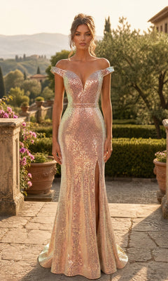 A woman wearing the Off-Shoulder Long Sequin Prom Dress: Chicas C324 in Champagne Gold, featuring a thigh-high slit, stands outdoors on a stone terrace with greenery and hills in the background.
