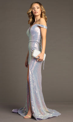 A woman poses against a plain background in the Chicas C324 Off-Shoulder Long Sequin Prom Dress with a thigh-high slit, holding a textured clutch.
