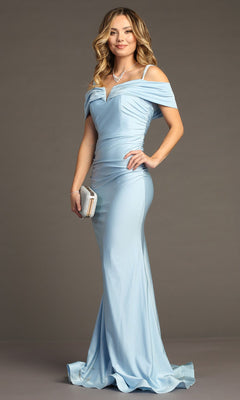 A woman in the Cold-Shoulder Sleek Long Prom Dress: Chicas C325 holds a small clutch against a plain background.