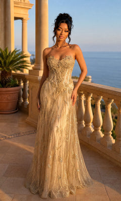 A woman wearing the Long Prom Dress: Chicas C329 in champagne, featuring a strapless sweetheart neckline, corset bodice, and gold embroidery, stands on a columned terrace overlooking the sunset sea.