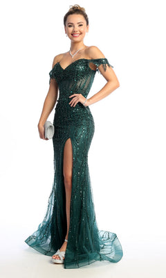 A woman in the Chicas C331 off-shoulder long sequin prom dress—dark green, fitted, with a thigh-high slit—holds a silver clutch and white heels while standing against a white background.
