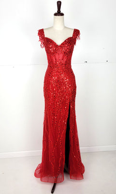 The Off-Shoulder Long Sequin Prom Dress: Chicas C331, a red, floor-length gown with sequins, sweetheart neckline, off-the-shoulder straps, and front slit, is displayed on a dress form against a plain background.