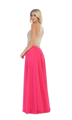 A woman models the Embroidered-Bodice Long Prom Dress: Chicas C3320, featuring a sleeveless beige top with gold embroidery and a flowing bright pink A-line skirt, standing against a white background.