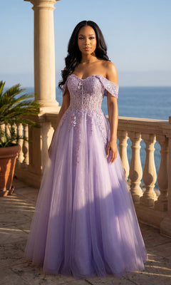 A woman stands on a stone terrace by the sea in the Long Prom Dress: Chicas C336, a lilac off-shoulder gown with floral lace embroidery, a flowing tulle skirt, and an adjustable lace-up back.
