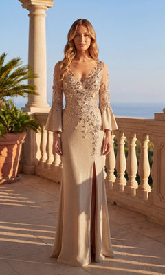 A woman stands on a terrace under clear skies wearing the Chicas C357 Long Formal Dress in champagne, featuring flared sleeves, floral embroidery, embellishments, and a front slit.