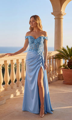 Woman in a blue Chicas C362 long prom dress with floral lace, off-the-shoulder design, sweetheart neckline, and thigh-high slit, standing on a balcony with columns and a potted palm.