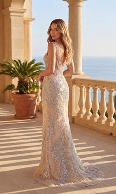 A woman in the Chicas C371 Long Prom Dress poses on a stone balcony with columns, overlooking the sea and a potted palm.