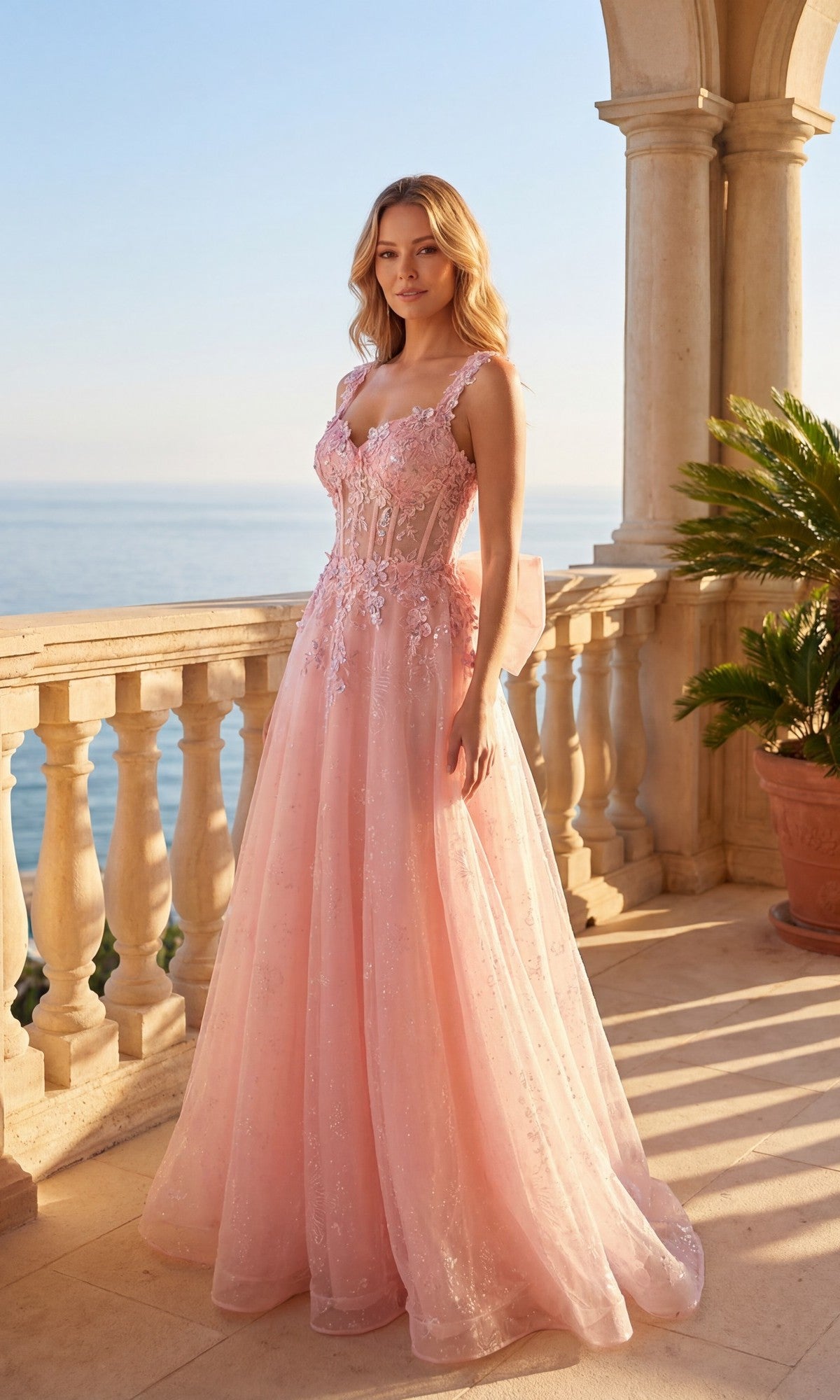 Sheer Corset Glitter Tulle Prom Dress: Chicas C379 Blush / XXSmall