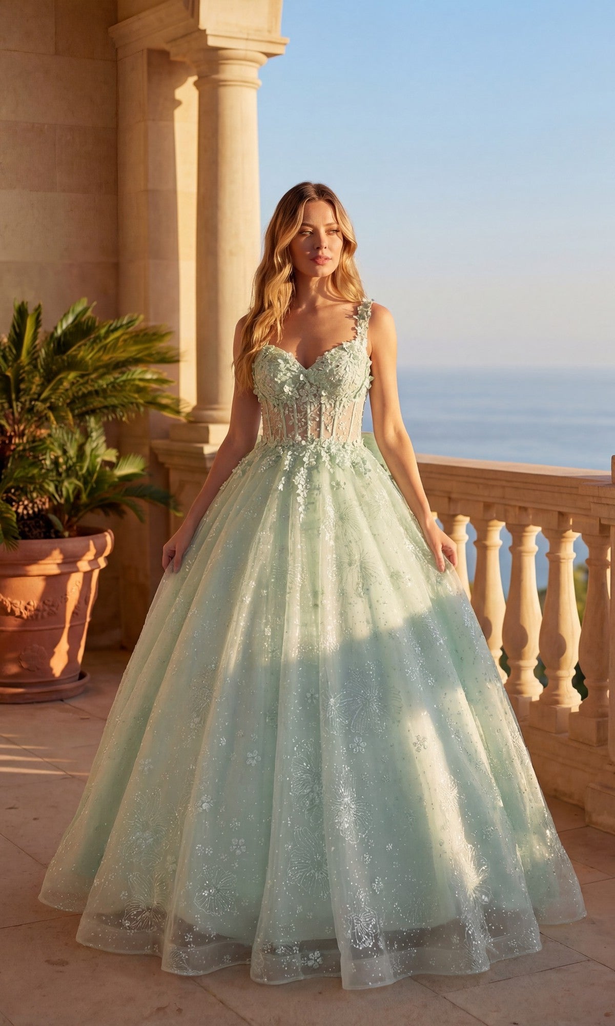 Sheer Corset Glitter Tulle Prom Dress: Chicas C379 Sage / XXSmall