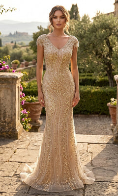 A woman stands outdoors in the Chicas C389 long formal dress—a champagne gown with intricate beadwork, short cap sleeves, and a mermaid silhouette—surrounded by lush greenery and elegant stone architecture.