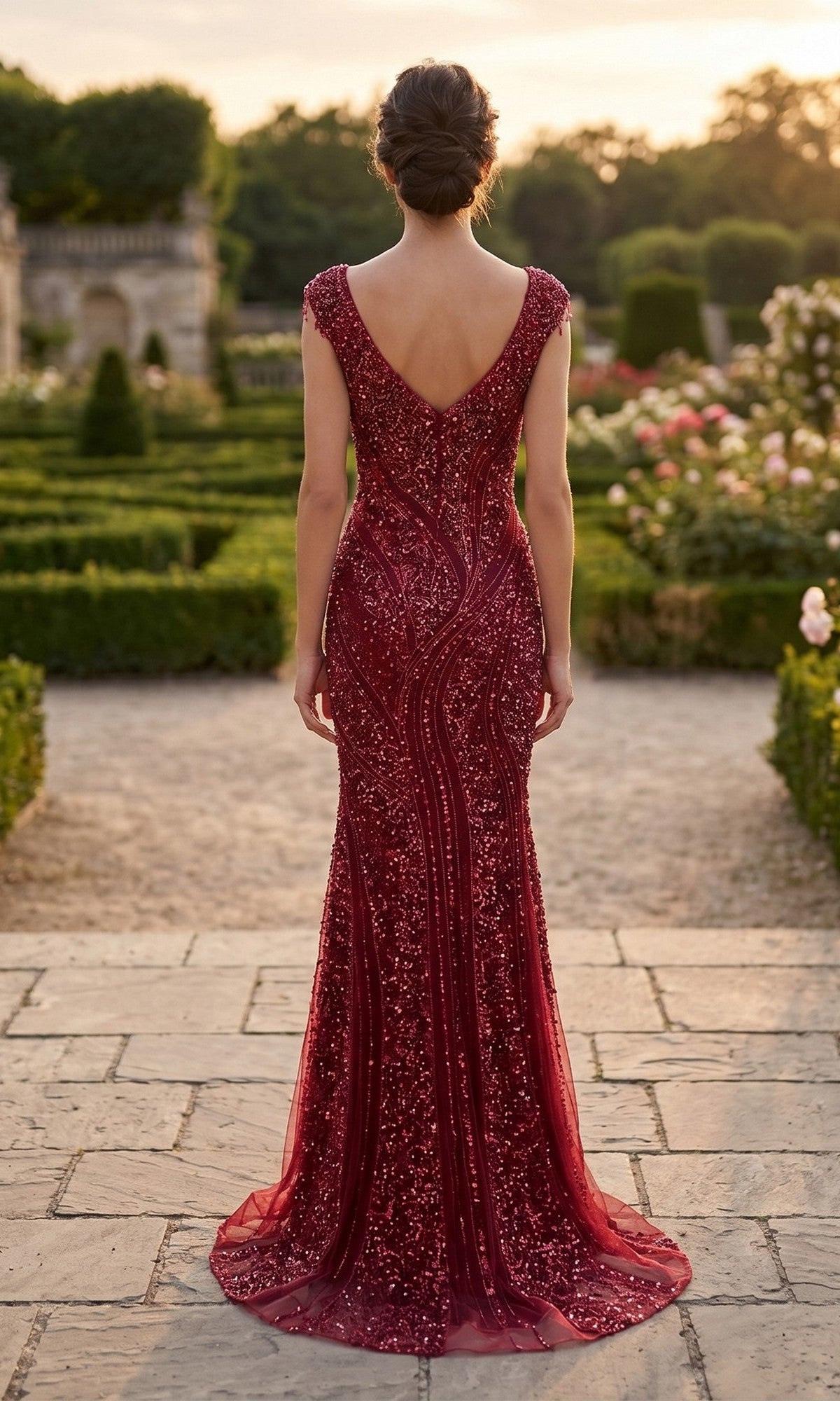 A woman stands on a stone path outdoors, facing away, wearing the Chicas C389 long formal dress with a fitted mermaid silhouette and low V-back. Manicured gardens and blooming flowers appear in the background.