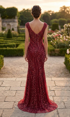 A woman stands on a stone path outdoors, facing away, wearing the Chicas C389 long formal dress with a fitted mermaid silhouette and low V-back. Manicured gardens and blooming flowers appear in the background.