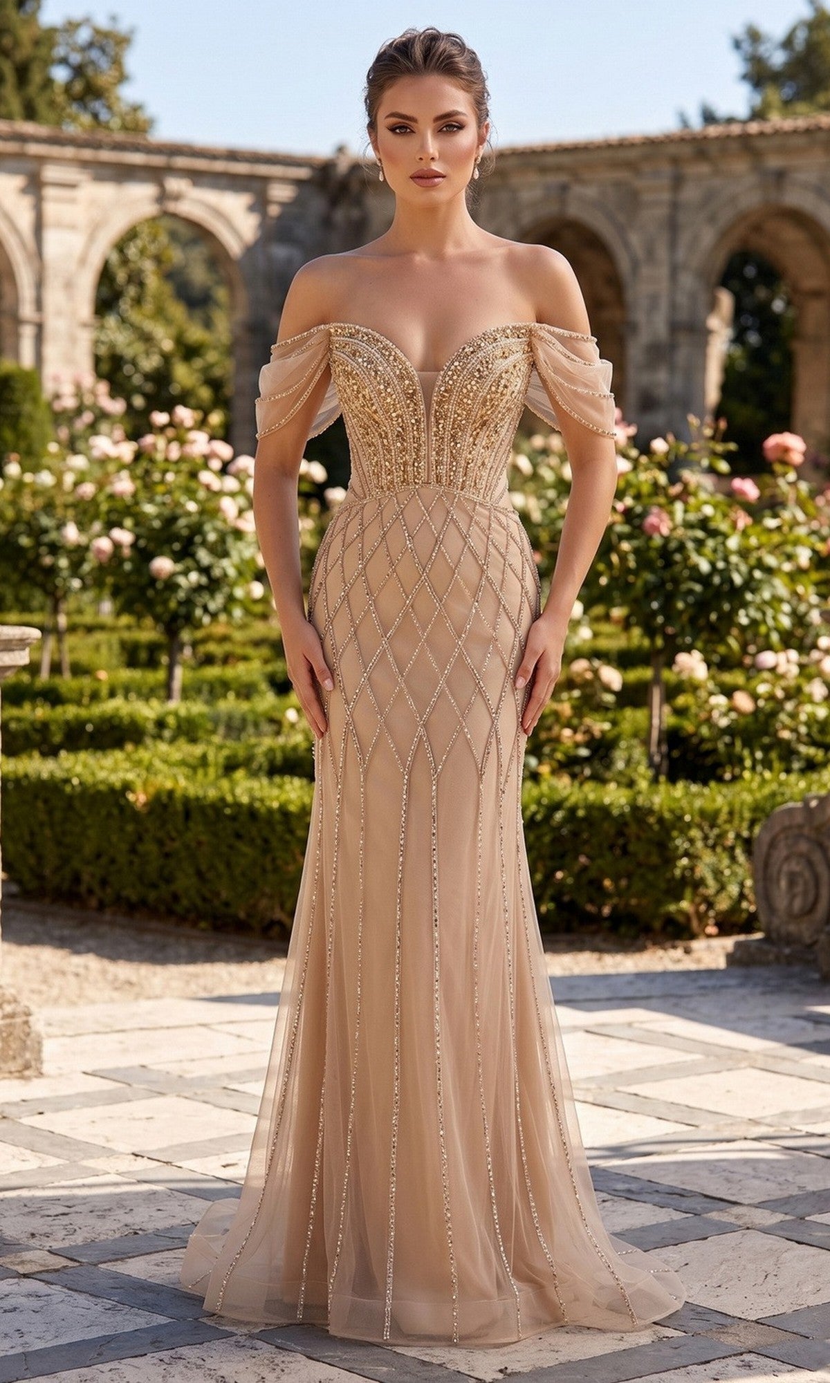 Beaded Off-the-Shoulder Long Formal Dress with Sequins Champagne/Gold / XLarge