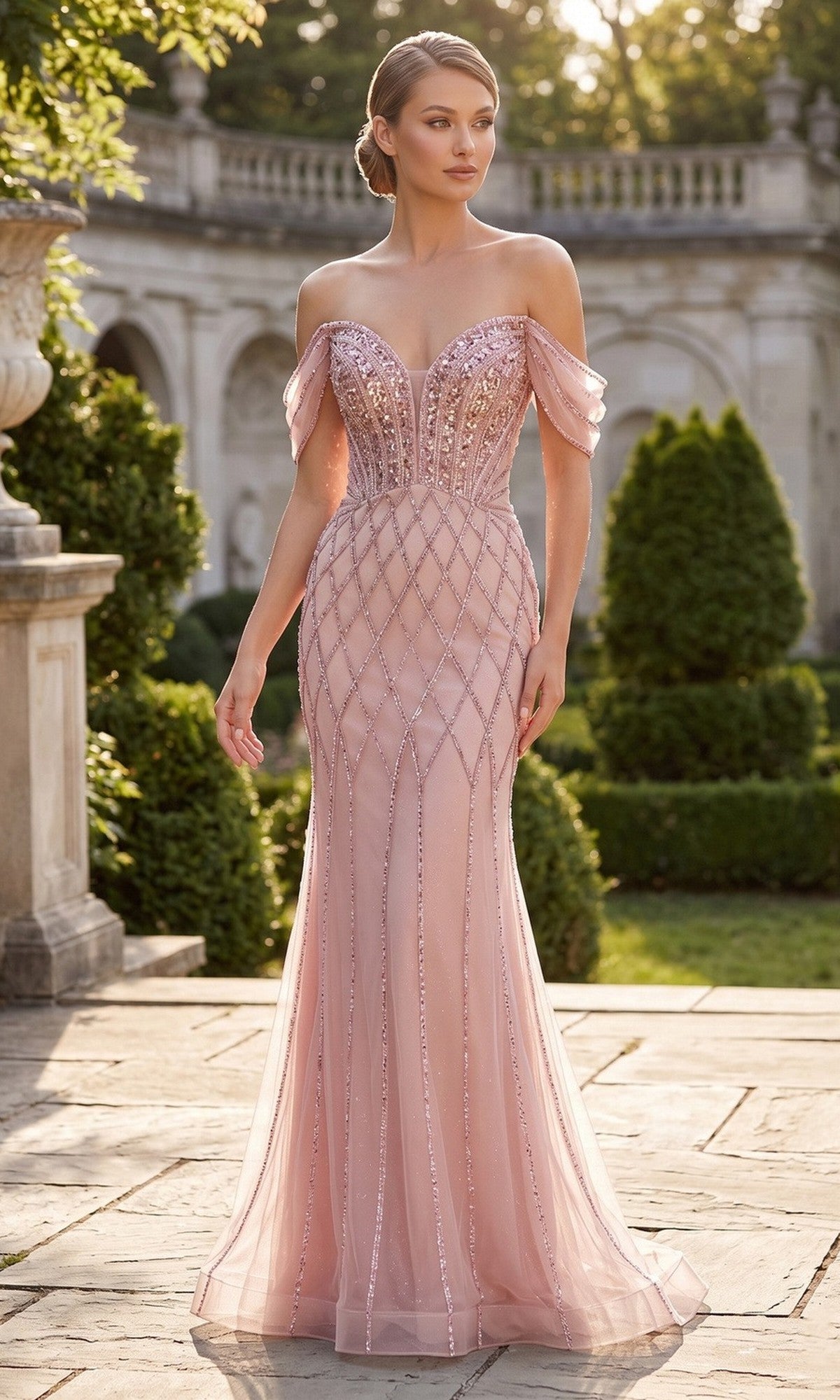 Beaded Off-the-Shoulder Long Formal Dress with Sequins Rose Gold / Large