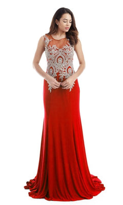 A woman poses against a plain white background wearing the Gold-Embroidered Long Prom Dress: Chicas C4233, a sleeveless formal evening gown featuring detailed gold embroidery on the bodice.