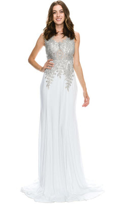 Woman wearing the Chicas C4233 gold-embroidered long prom dress, posing against a plain white background.