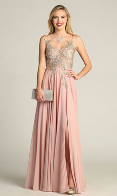 Woman wearing the Lace-Up Open-Back Long Prom Dress: Chicas C5124, a sleeveless blush pink A-line gown with floral embroidery, holding a silver clutch and wearing a necklace, stands against a plain background.