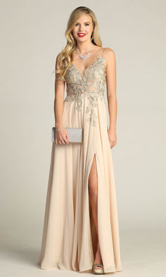 A woman in the Lace-Up Open-Back Long Prom Dress: Chicas C5124 with silver embroidery, holding a silver clutch and wearing a necklace, stands against a plain background.