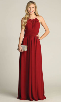 A woman stands against a plain background wearing the Chicas C5150 high-neck, sleeveless, floor-length A-line prom dress in red and holding a silver clutch.