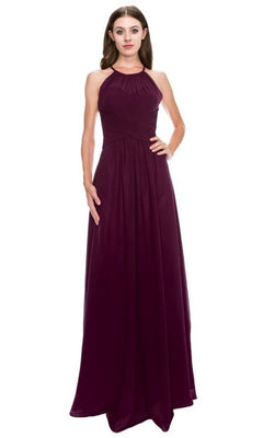 A woman wears the Chicas C5150, a sleeveless, high-neck long A-line prom dress in dark purple with a gathered waist, set against a plain white background.
