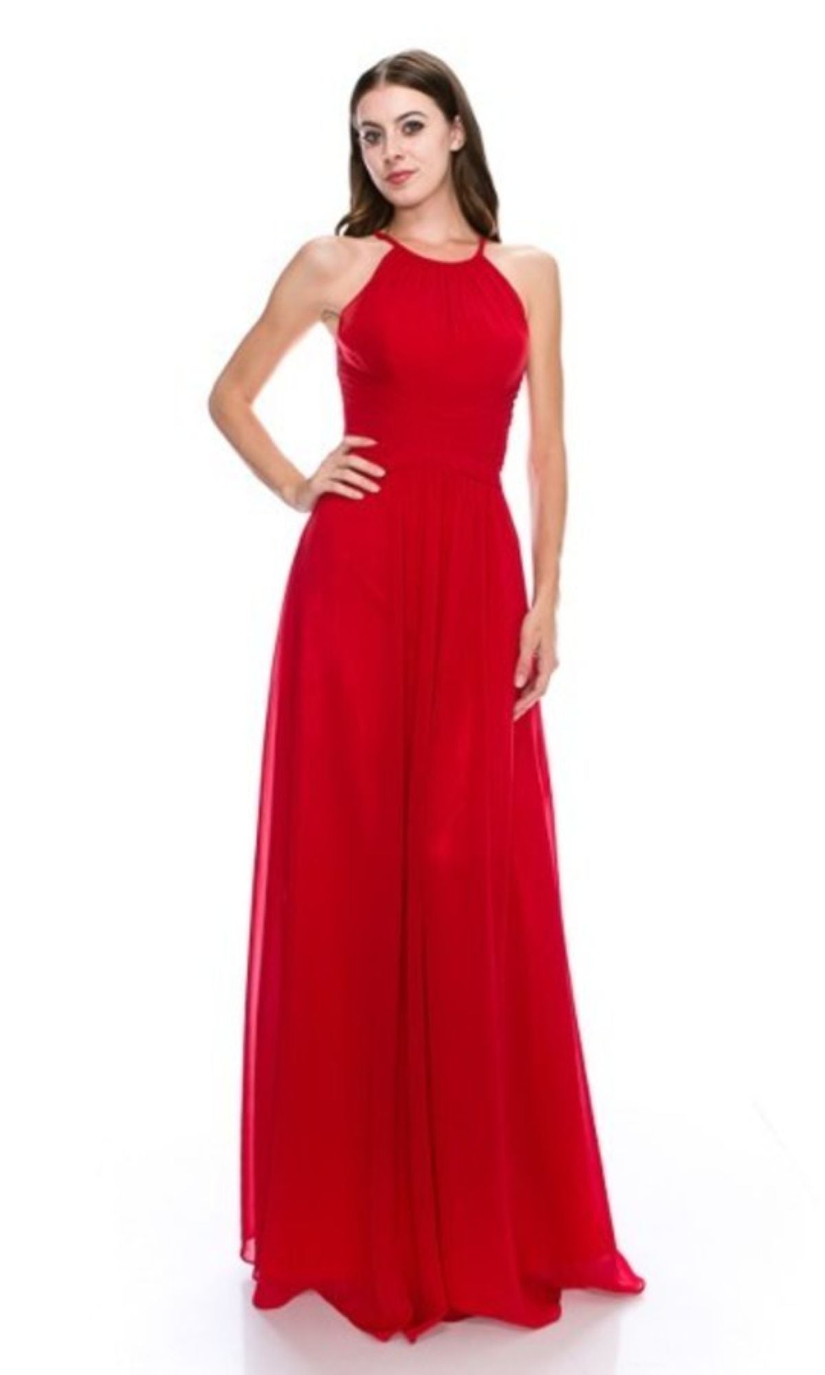 Woman models the High-Neck Long A-Line Prom Dress: Chicas C5150—a sleeveless, floor-length red gown with a fitted bodice and flowing skirt—against a plain white background.