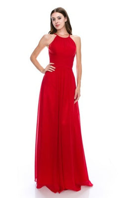 Woman models the High-Neck Long A-Line Prom Dress: Chicas C5150—a sleeveless, floor-length red gown with a fitted bodice and flowing skirt—against a plain white background.