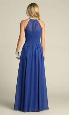 A woman faces away, wearing the affordable High-Neck Long A-Line Prom Dress: Chicas C5150 in royal blue with a gathered back, holding a small silver clutch.