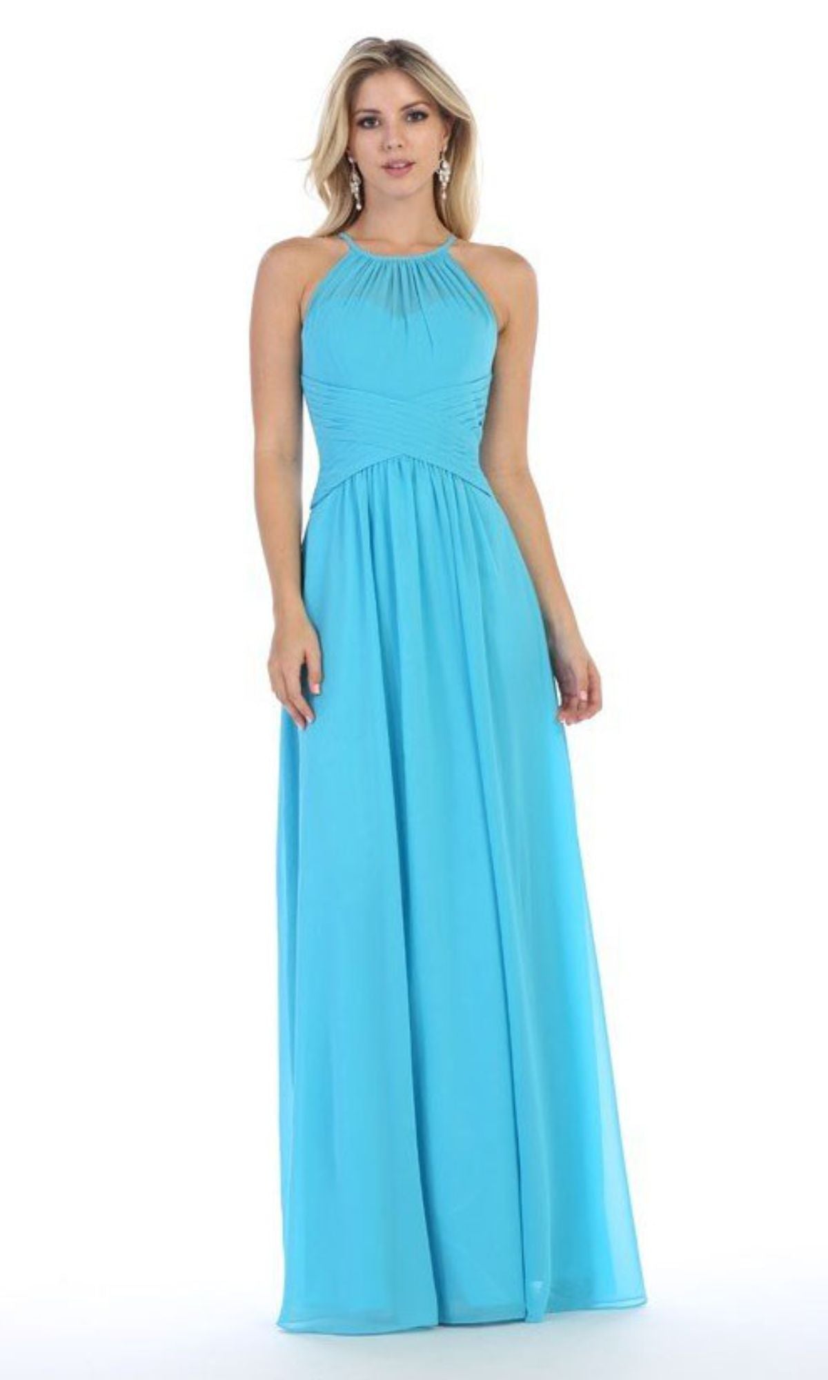 A woman stands against a white background wearing the Chicas C5150 High-Neck Long A-Line Prom Dress, a sleeveless, floor-length, light blue plus-size gown with a gathered bodice and halter neckline.