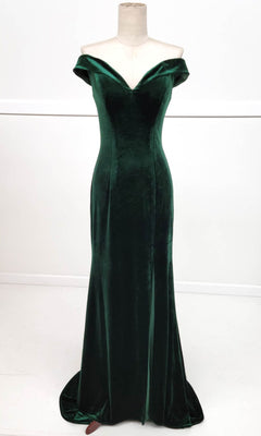 The Chicas C6532 Off-the-Shoulder Long Prom Dress in dark green velvet features a fitted bodice and flared floor-length skirt, elegantly shown on a dress form.