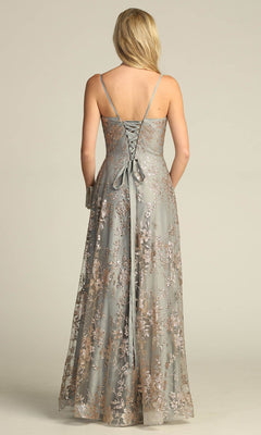 Lace-Up Long Gray Prom Dress with Glitter Print PromGirl Lace-Up Long Gray Prom Dress with Glitter Print PromGirl