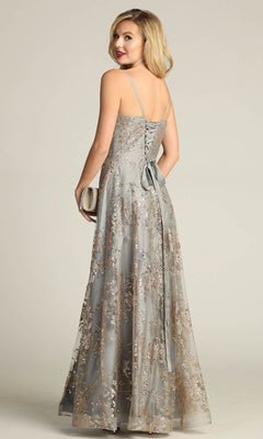 Lace-Up Long Gray Prom Dress with Glitter Print– PromGirl